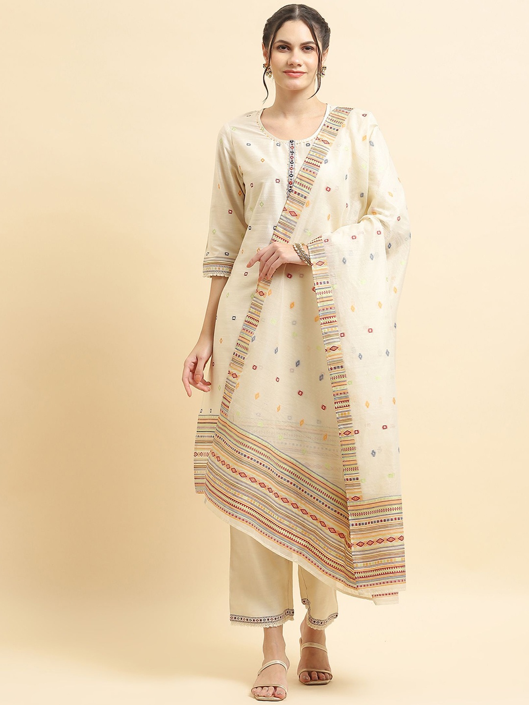 Shree Geometric Woven Design Mirror Work Straight Kurta With Trousers & Dupatta, Off white
Shree Geometric Woven Design Mirror Work Straight Kurta With Trousers & Dupatta, Off white