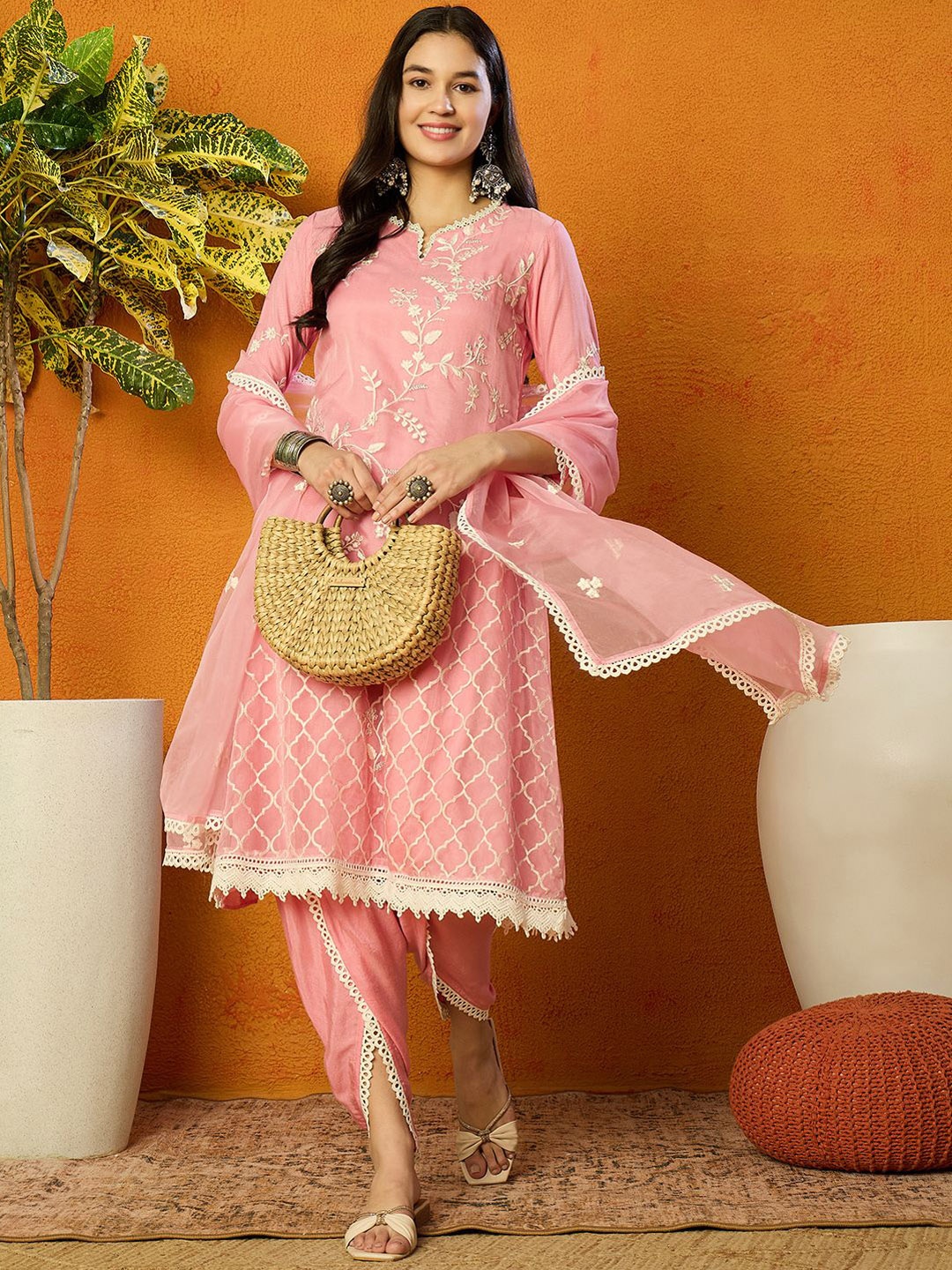 AHIKA Floral Embroidered Thread Work Organza A-Line Kurta With Dhoti Pants & Dupatta, Pink
AHIKA Floral Embroidered Thread Work Organza A-Line Kurta With Dhoti Pants & Dupatta, Pink