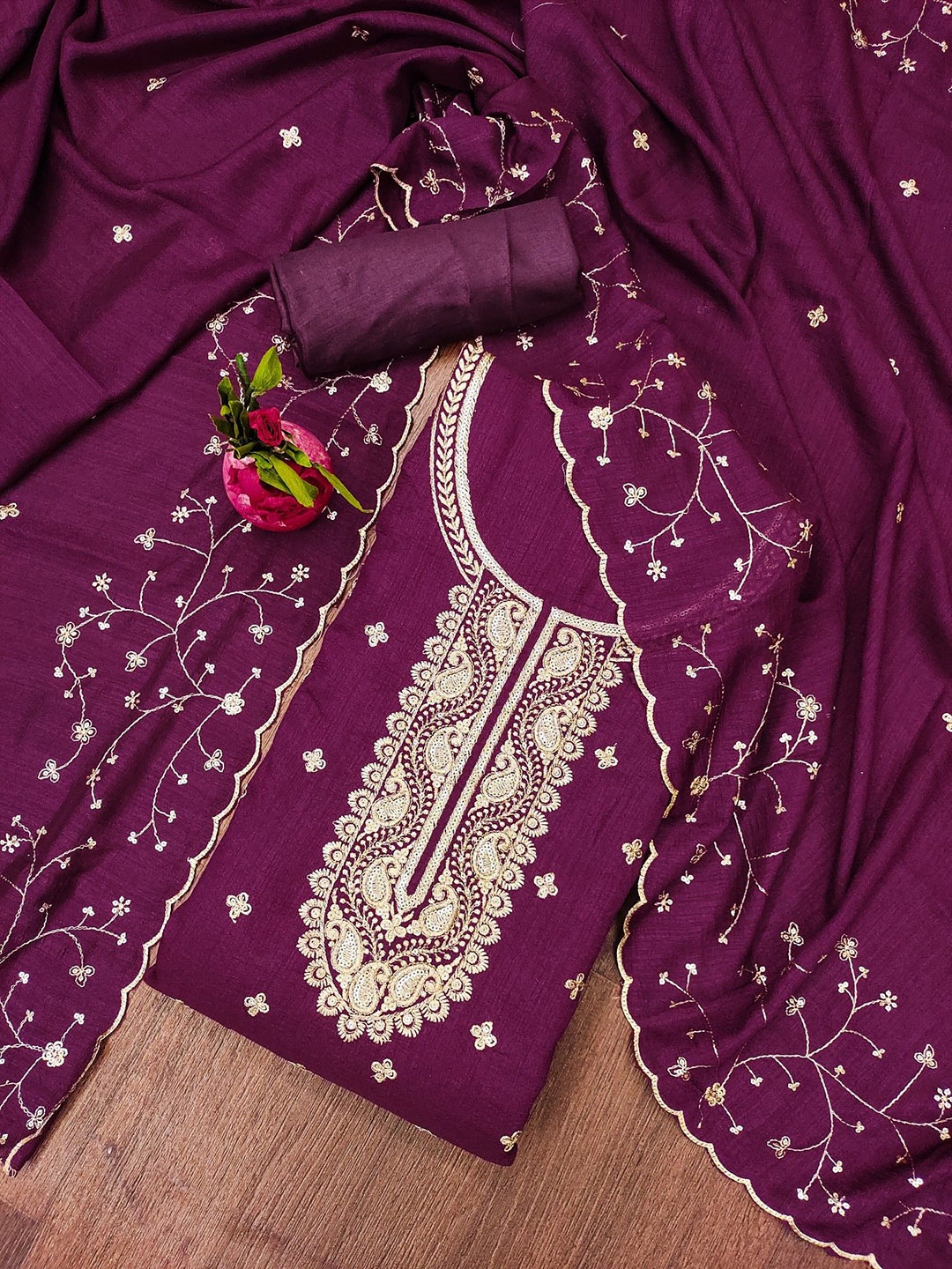 LeeliPeeri Designer Floral Embroidered Sequinned Vichitra Cotton Unstitched Dress Material, Purple
LeeliPeeri Designer Floral Embroidered Sequinned Vichitra Cotton Unstitched Dress Material, Purple