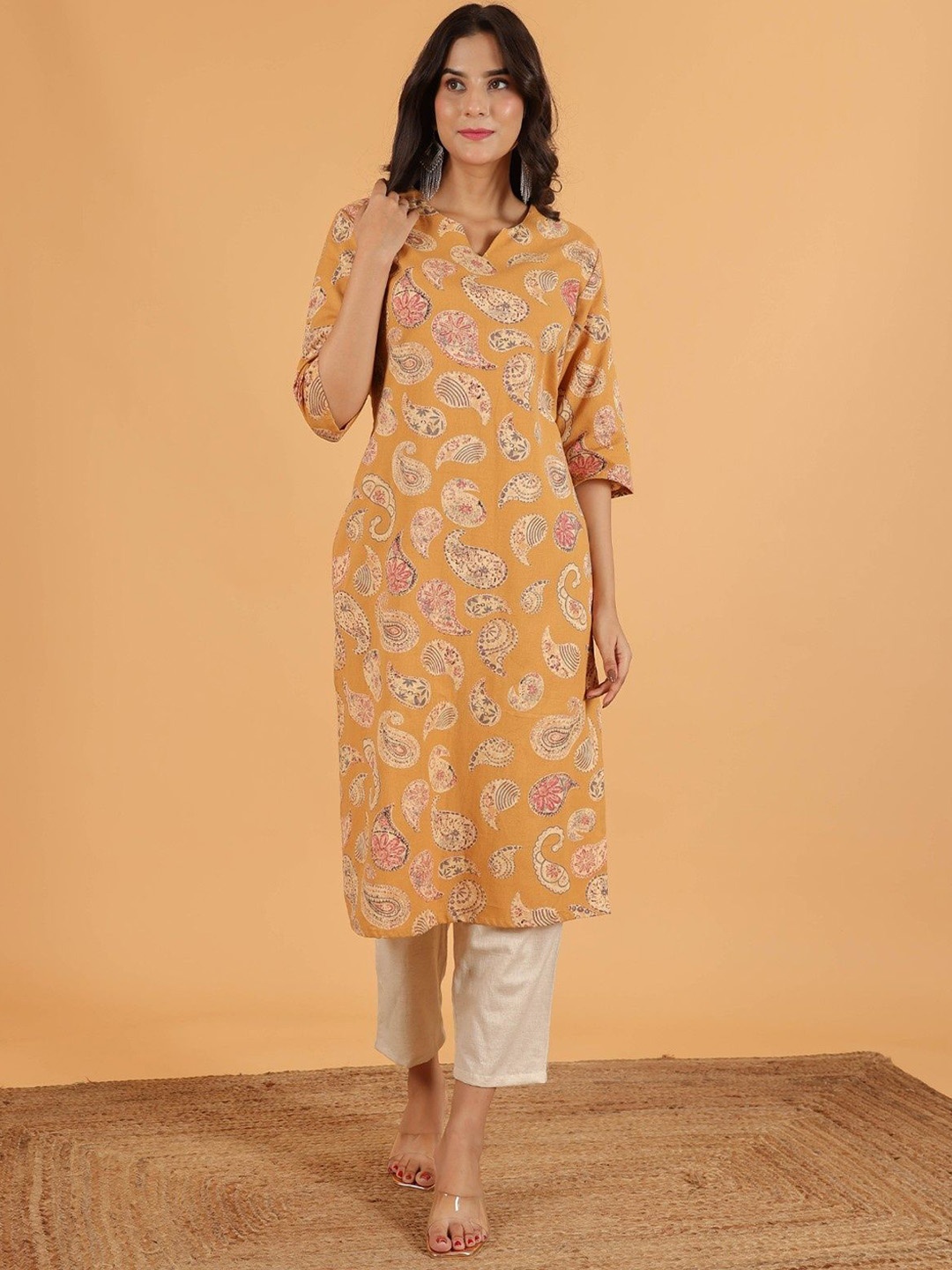 Aramya Paisley Printed Notch Neck Linen Cotton Straight Kurta with Trousers, Yellow
Aramya Paisley Printed Notch Neck Linen Cotton Straight Kurta with Trousers, Yellow