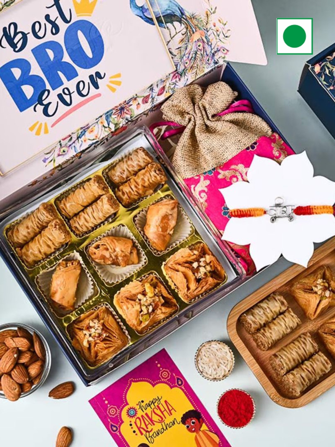 Floweraura 1-Pc Veera Silver Rakhi With Baklava Tart Sweet & Rakhi Card Gift Set, Bronze
Floweraura 1-Pc Veera Silver Rakhi With Baklava Tart Sweet & Rakhi Card Gift Set, Bronze