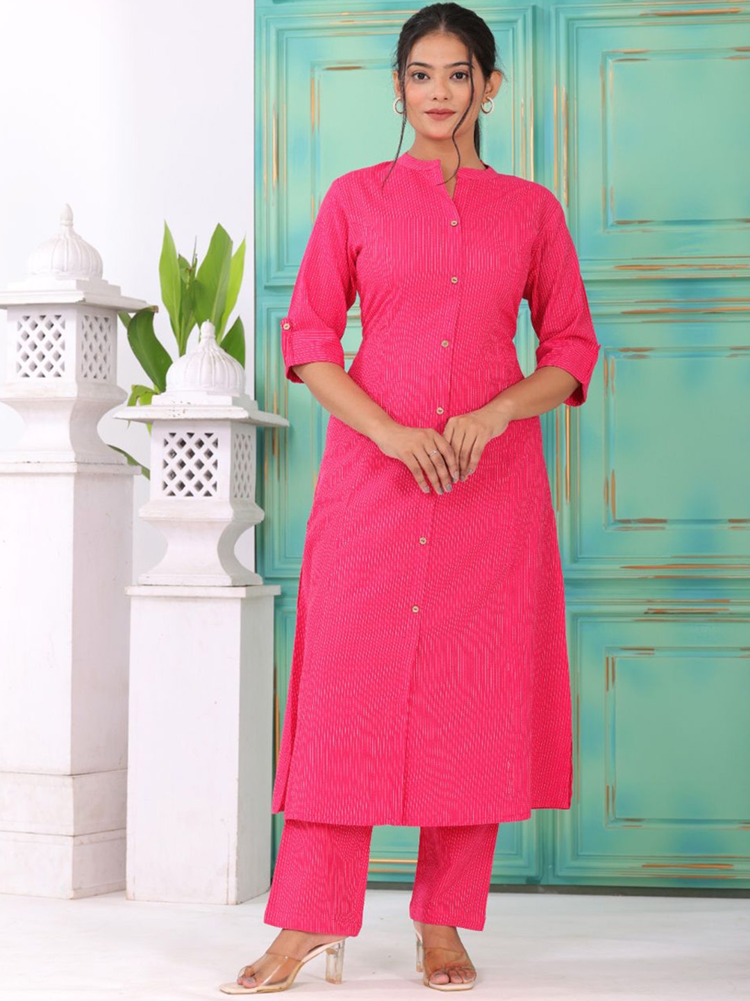 KALINI Striped Mandarin Collar Roll-Up Sleeves Pure Cotton A-Line Kurta with Trousers, Pink
KALINI Striped Mandarin Collar Roll-Up Sleeves Pure Cotton A-Line Kurta with Trousers, Pink