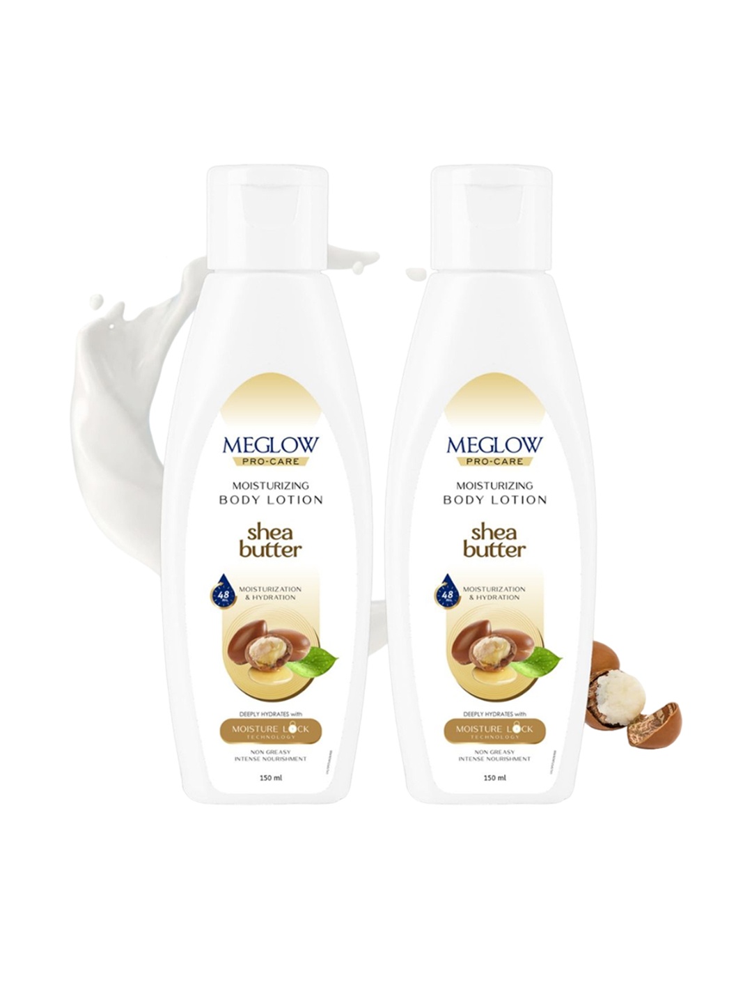 MEGLOW Set of 2 Shea Butter Moisturizing Body Lotion with Moisture Lock - 150 ml each, White
MEGLOW Set of 2 Shea Butter Moisturizing Body Lotion with Moisture Lock - 150 ml each, White