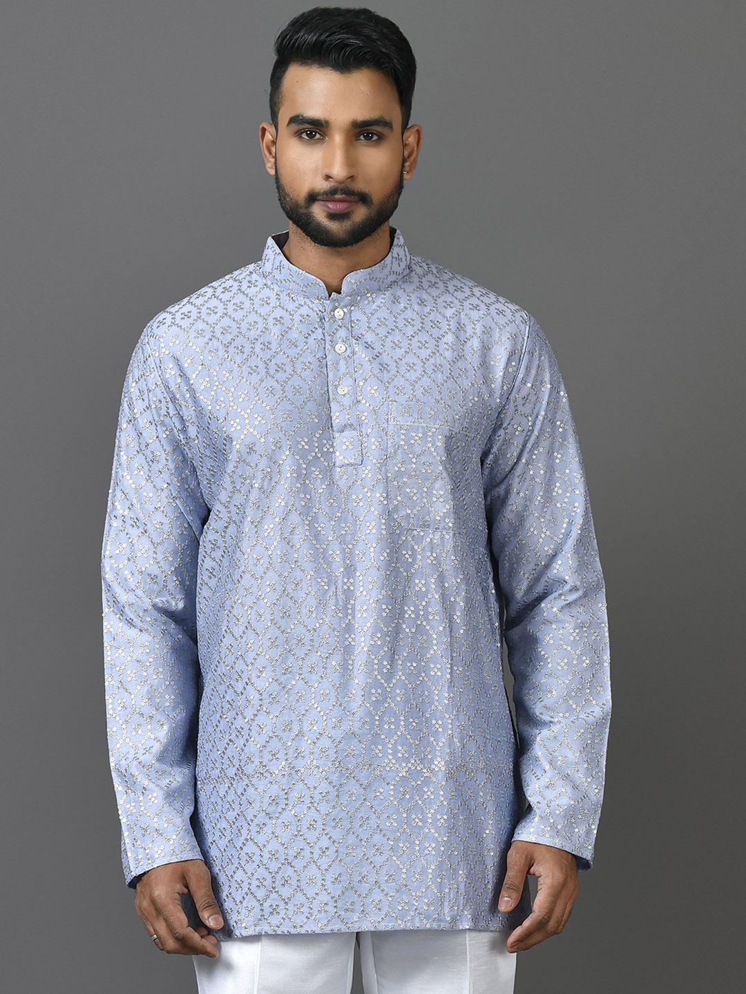 Sayisha Geometric Embroidered Mandarin Collar Sequins Straight Cotton Short Kurta, Blue
Sayisha Geometric Embroidered Mandarin Collar Sequins Straight Cotton Short Kurta, Blue