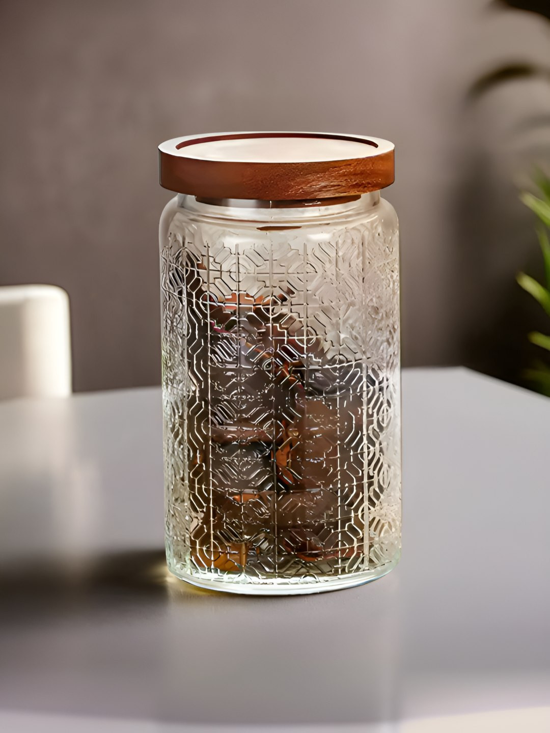 UMAI Transparent and Brown Round Textured Glass Jar With Wooden Lid- 1000ml
UMAI Transparent and Brown Round Textured Glass Jar With Wooden Lid- 1000ml