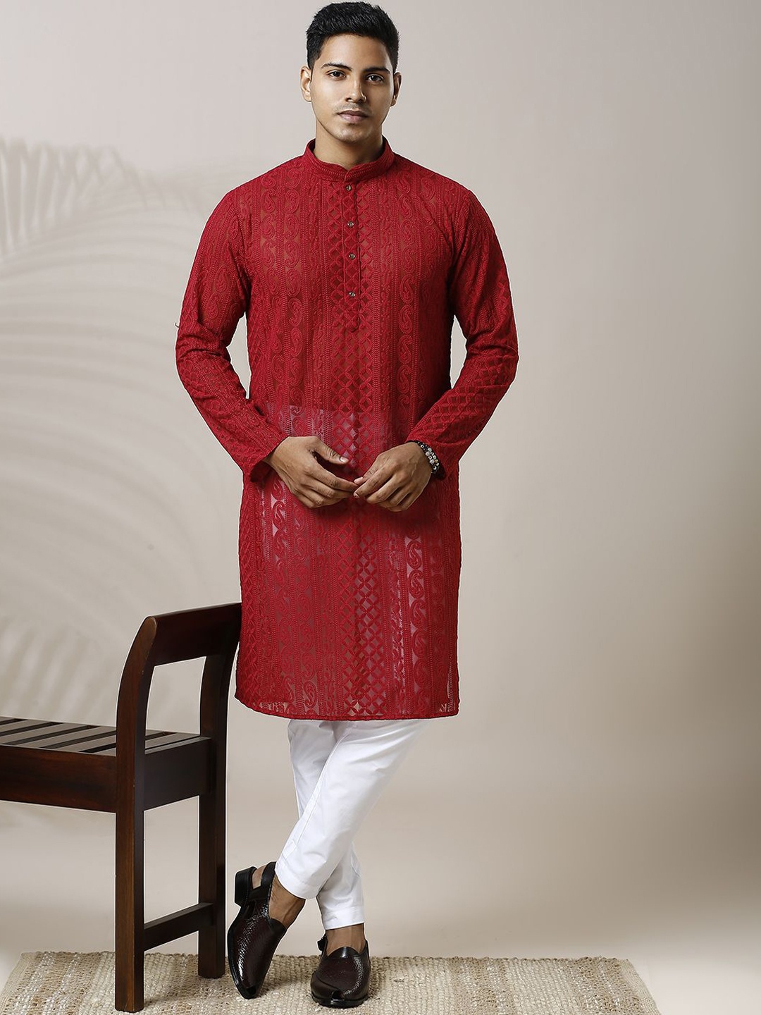 Be Desi Paisley Embroidered Thread Work Semi Sheer Straight Kurta with Pyjamas, Maroon
Be Desi Paisley Embroidered Thread Work Semi Sheer Straight Kurta with Pyjamas, Maroon