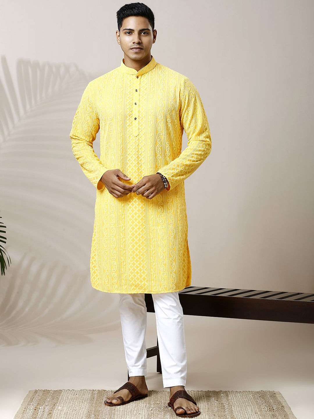 Be Desi Paisley Embroidered Thread Work Mandarin Collar Straight Kurta with Pyjamas, Yellow
Be Desi Paisley Embroidered Thread Work Mandarin Collar Straight Kurta with Pyjamas, Yellow