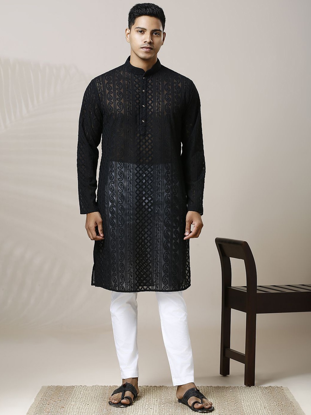 Be Desi Paisley Embroidered Thread Work Semi Sheer Straight Kurta with Pyjamas, Black
Be Desi Paisley Embroidered Thread Work Semi Sheer Straight Kurta with Pyjamas, Black
