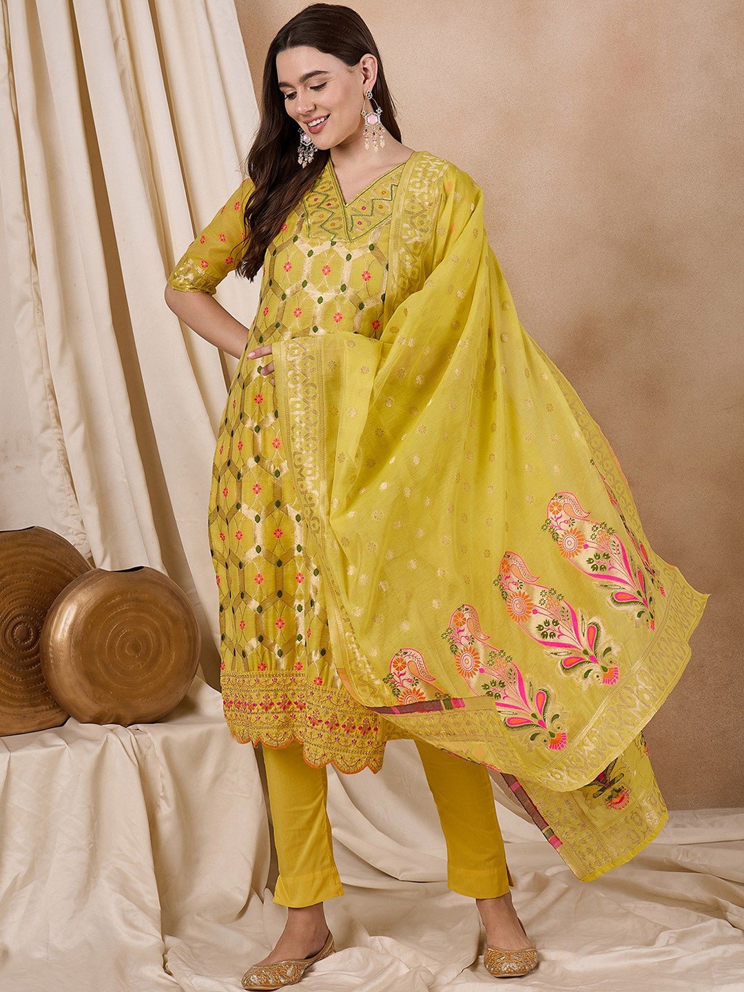 KAVINDI Regular Mirror Work Chanderi Cotton Straight Kurta with Trousers & Dupatta, Yellow
KAVINDI Regular Mirror Work Chanderi Cotton Straight Kurta with Trousers & Dupatta, Yellow