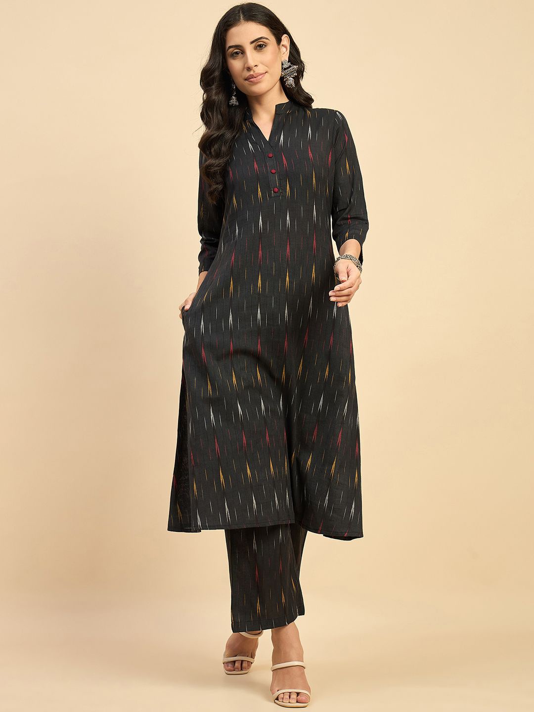 Azira Striped Printed Mandarin Collar Pure Cotton Straight Kurta With Palazzos, Black
Azira Striped Printed Mandarin Collar Pure Cotton Straight Kurta With Palazzos, Black