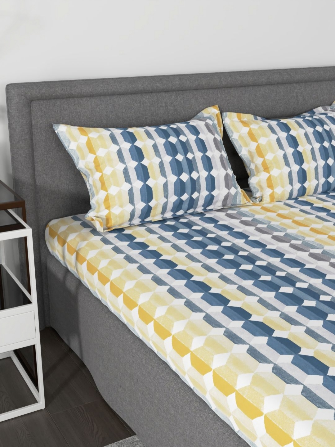 Myntra Elegant Homes Blue & Yellow Geometric 144 TC Queen Bedsheet with 2 Pillow Covers
Myntra Elegant Homes Blue & Yellow Geometric 144 TC Queen Bedsheet with 2 Pillow Covers