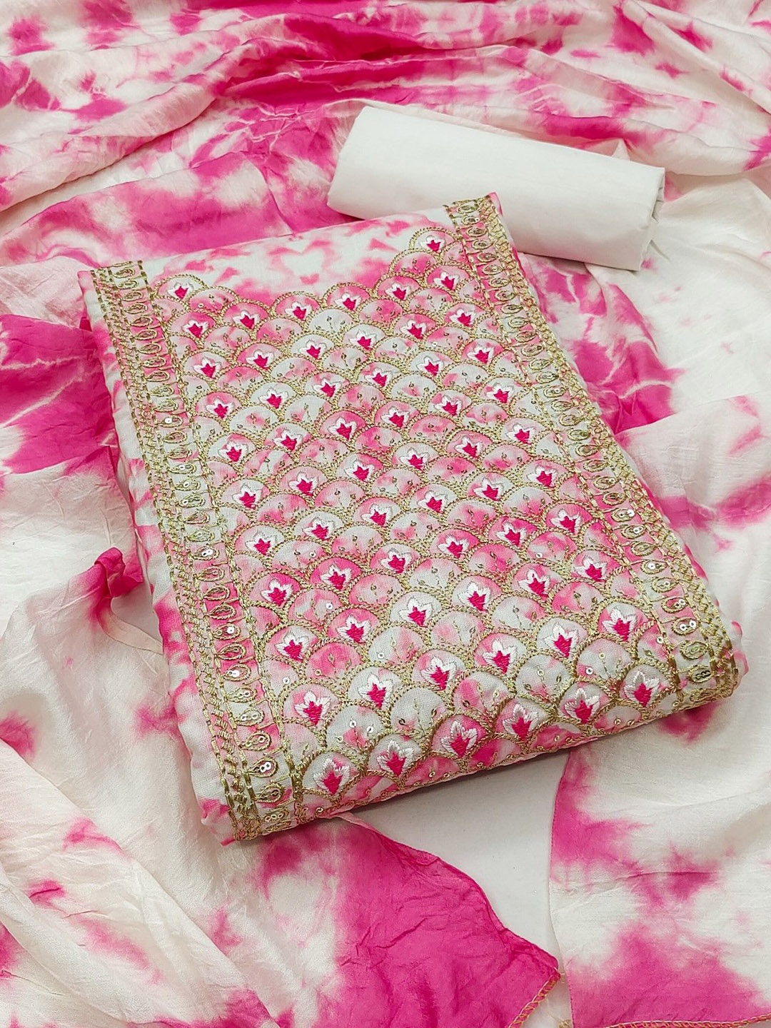 LeeliPeeri Designer Tie & Dye Sequinned Zari Embroidered Cotton Unstitched Dress Material, Pink
LeeliPeeri Designer Tie & Dye Sequinned Zari Embroidered Cotton Unstitched Dress Material, Pink