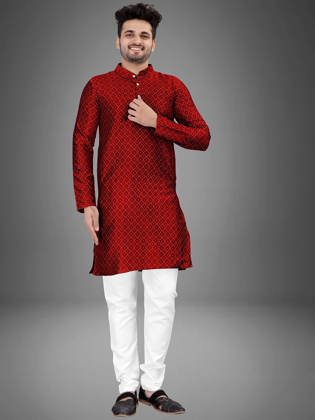 trustous Geometric Woven Design Mandarin Collar Jacquard Weave Silk Straight Kurta, Maroon
trustous Geometric Woven Design Mandarin Collar Jacquard Weave Silk Straight Kurta, Maroon