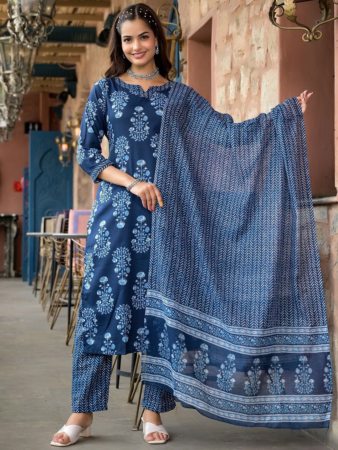KALINI Floral Printed Notch Neck Thread Work Straight Kurta With Trousers & Dupatta, Blue
KALINI Floral Printed Notch Neck Thread Work Straight Kurta With Trousers & Dupatta, Blue