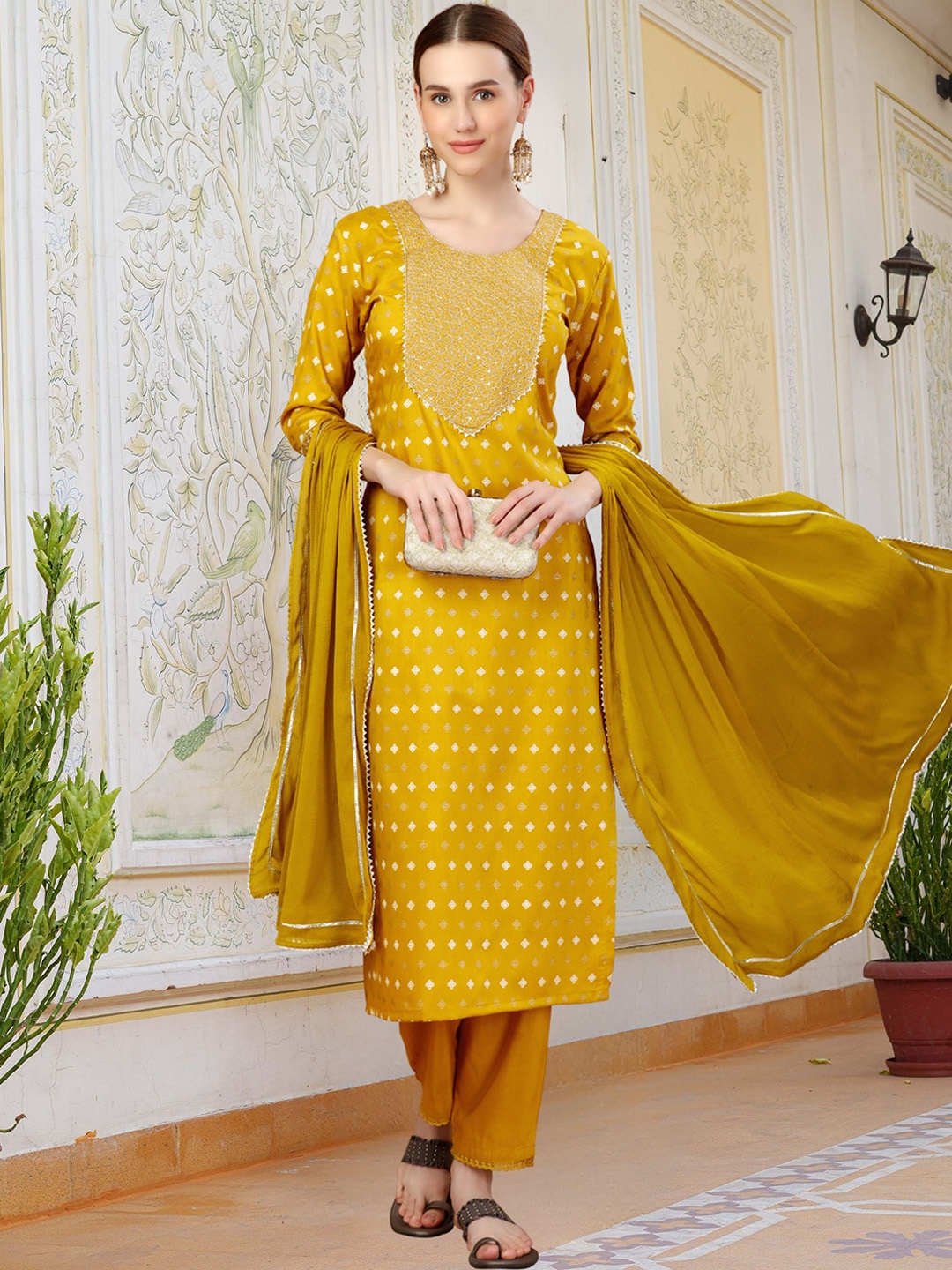 MAGMINA Embroidered Sequinned Straight Kurta with Trousers & With Dupatta, Gold
MAGMINA Embroidered Sequinned Straight Kurta with Trousers & With Dupatta, Gold