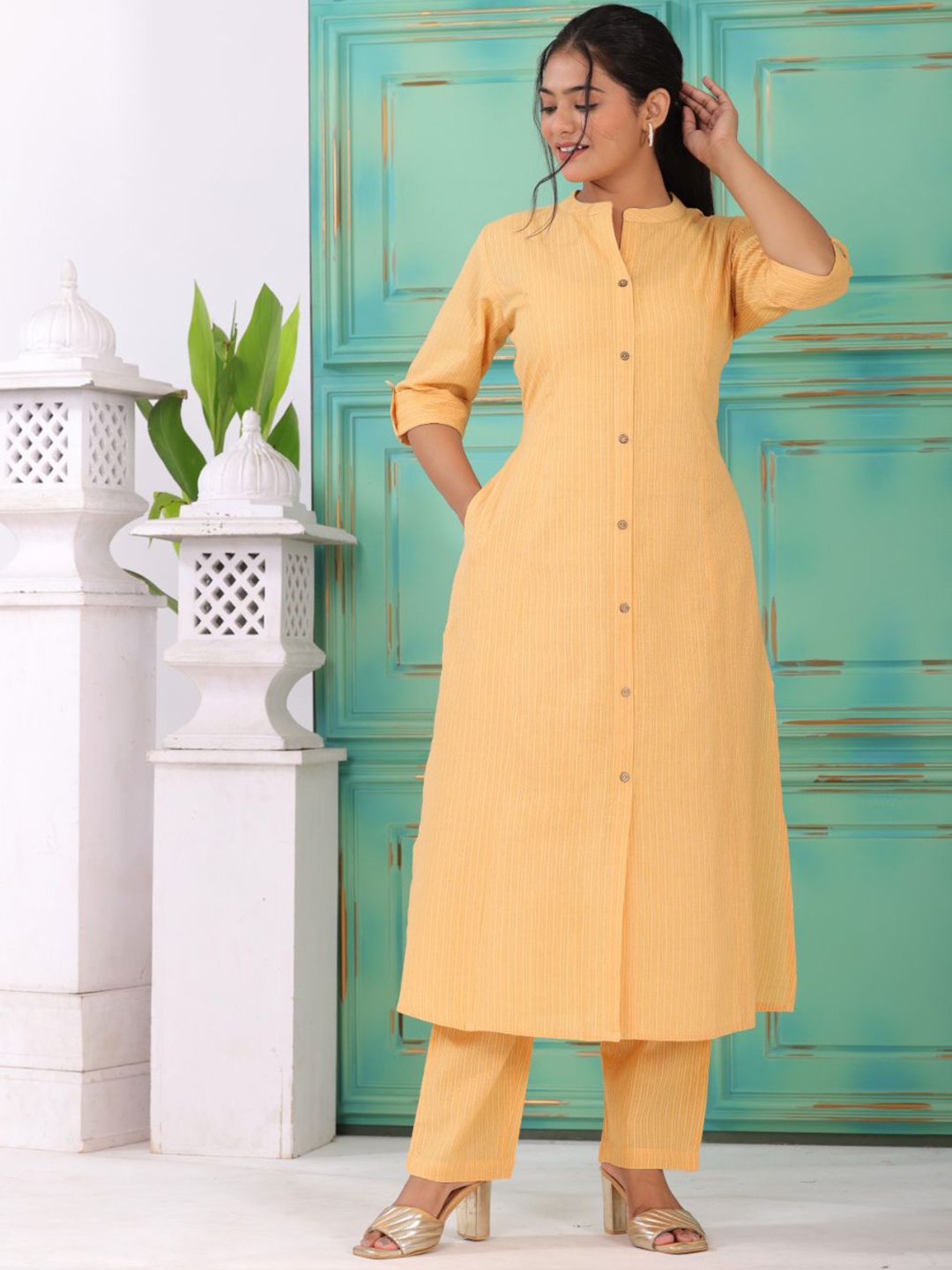 KALINI Striped Thread Work Mandarin Collar Pure Cotton A-Line Kurta With Trousers, Yellow
KALINI Striped Thread Work Mandarin Collar Pure Cotton A-Line Kurta With Trousers, Yellow