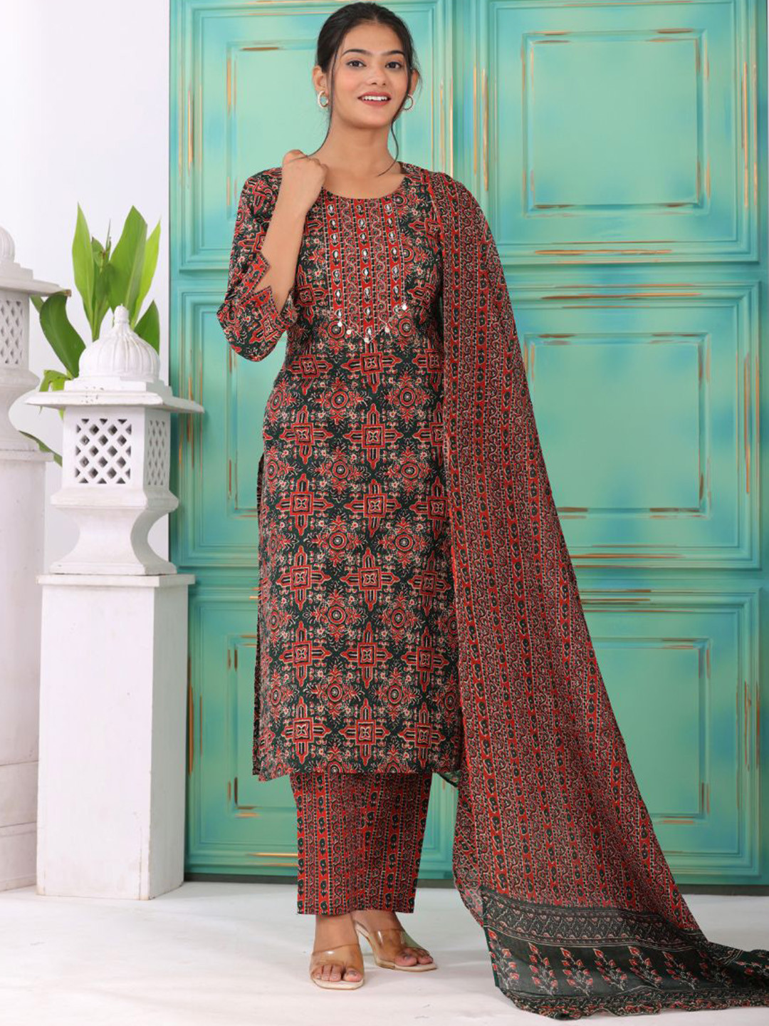 KALINI Ethnic Motifs Printed Sequinned Pure Cotton Straight Kurta With Trousers & Dupatta, Green 
KALINI Ethnic Motifs Printed Sequinned Pure Cotton Straight Kurta With Trousers & Dupatta, Green