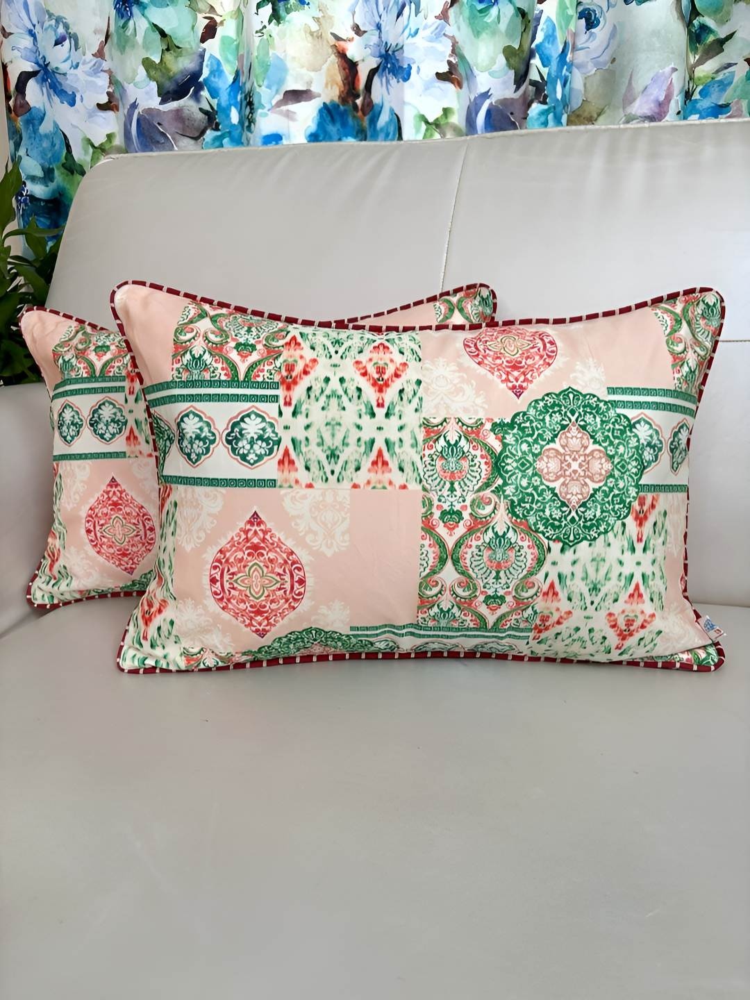 TARA- Sparkling Homes Peach-Coloured & White Set of 2 Ethnic Motifs Velvet Rectangle Cushion Covers
TARA- Sparkling Homes Peach-Coloured & White Set of 2 Ethnic Motifs Velvet Rectangle Cushion Covers