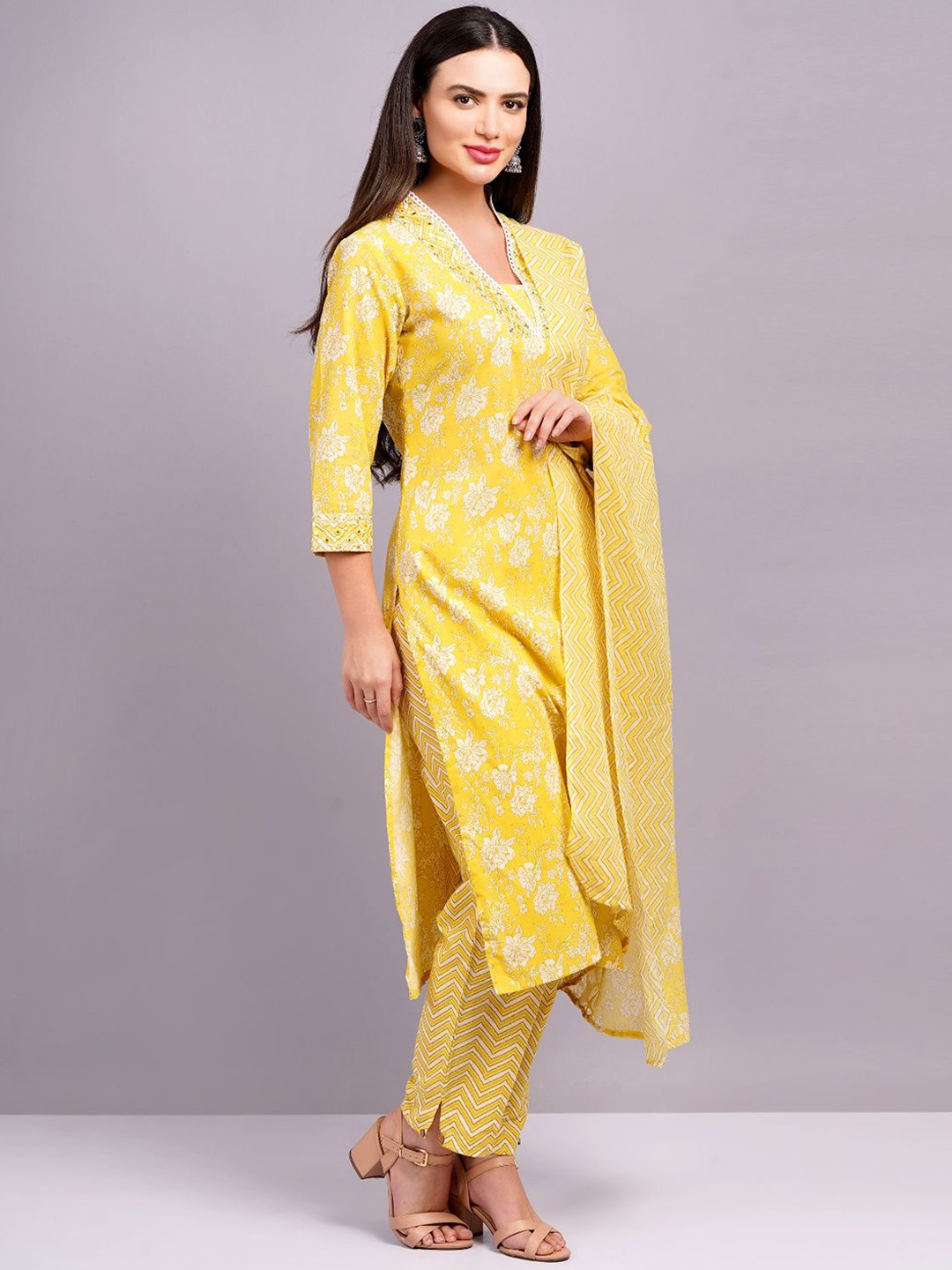 KALINI Women Floral Printed Regular Mirror Work Pure Cotton Kurta with Trousers & With Dupatta, Yellow
KALINI Women Floral Printed Regular Mirror Work Pure Cotton Kurta with Trousers & With Dupatta, Yellow