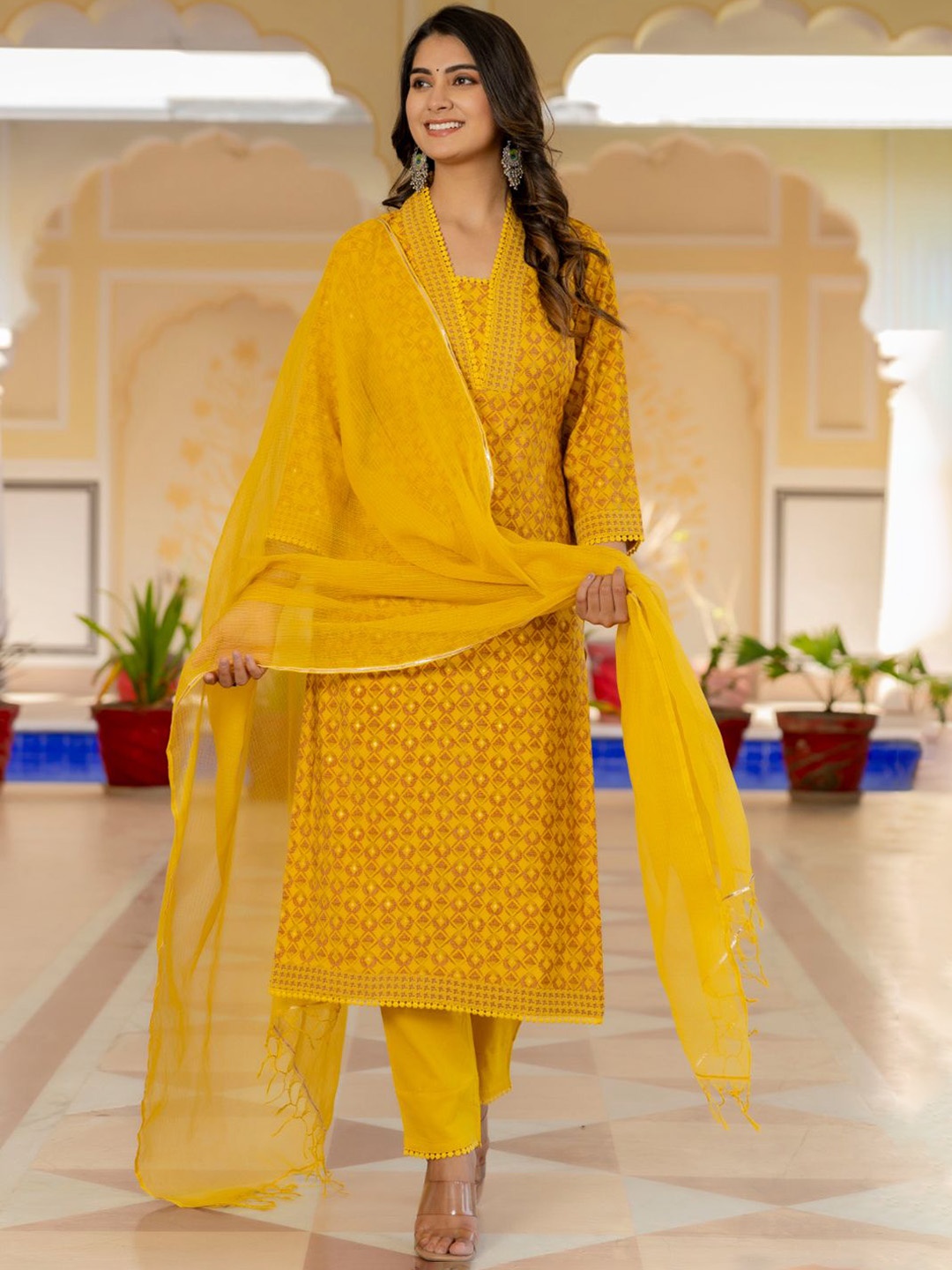 Rangeelo Geometric Printed Gotta Patti Chanderi Cotton Kurta with Palazzos & Dupatta, Yellow
Rangeelo Geometric Printed Gotta Patti Chanderi Cotton Kurta with Palazzos & Dupatta, Yellow