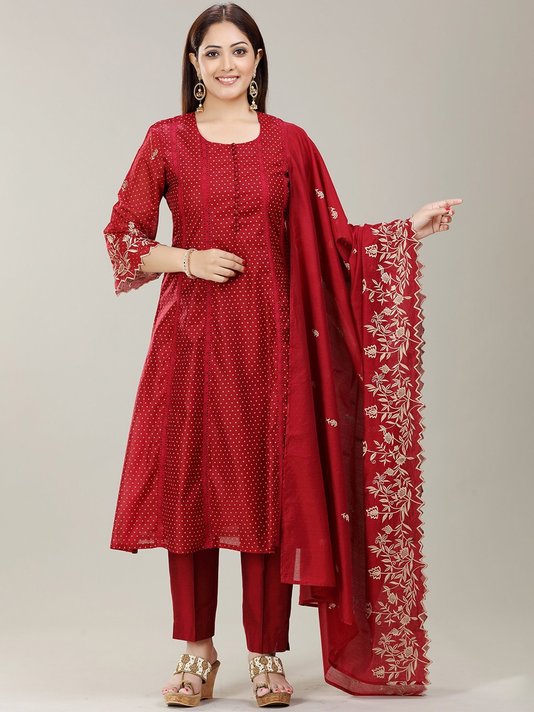 COTTON CULTURE Pulka Dots Printed Flared Sleeves Chanderi Cotton A-Line Kurta Set, Maroon
COTTON CULTURE Pulka Dots Printed Flared Sleeves Chanderi Cotton A-Line Kurta Set, Maroon