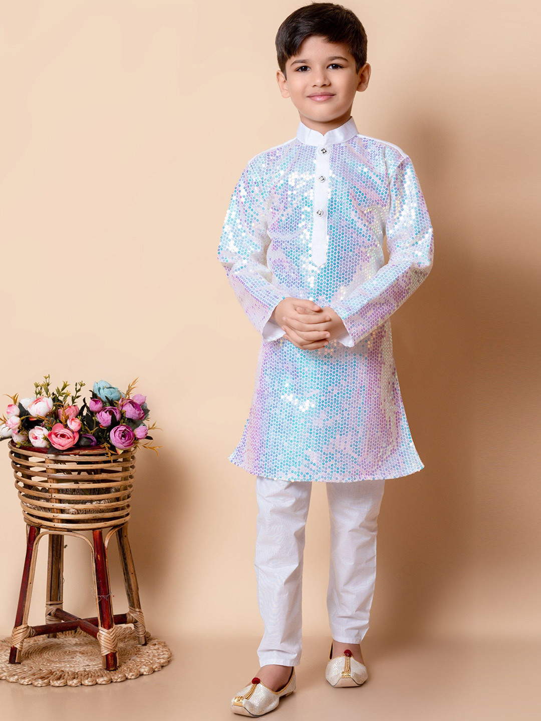 NFC CREATION Boys Embroidered Mandarin Collar Sequinned Dupion Silk Kurta with Pyjama, White
NFC CREATION Boys Embroidered Mandarin Collar Sequinned Dupion Silk Kurta with Pyjama, White