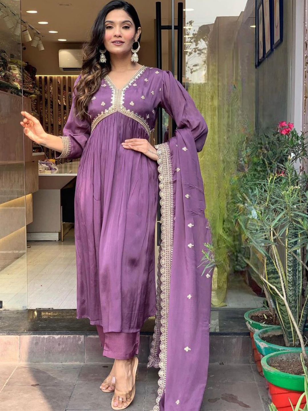 KALINI Floral Embroidered V-Neck Empire Anarkali Kurta With Trousers & Dupatta, Mauve
KALINI Floral Embroidered V-Neck Empire Anarkali Kurta With Trousers & Dupatta, Mauve