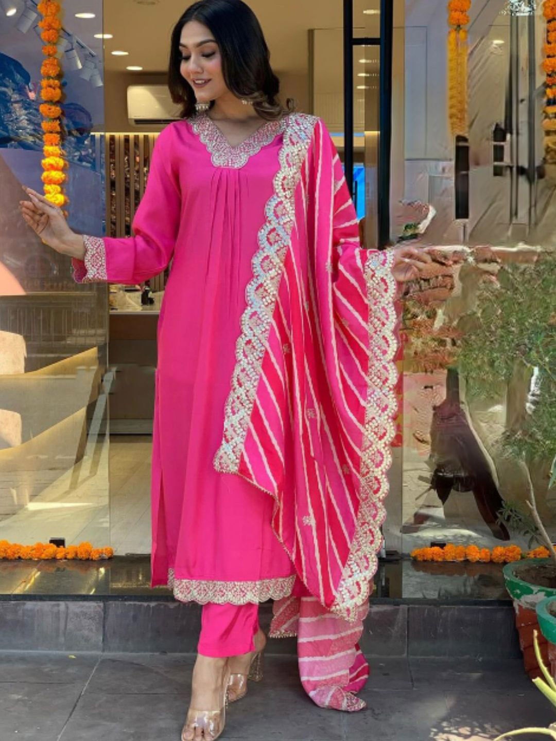 KALINI Floral Yoke Design Sequinned Chanderi Silk Straight Kurta With Trousers & Dupatta, Pink
KALINI Floral Yoke Design Sequinned Chanderi Silk Straight Kurta With Trousers & Dupatta, Pink