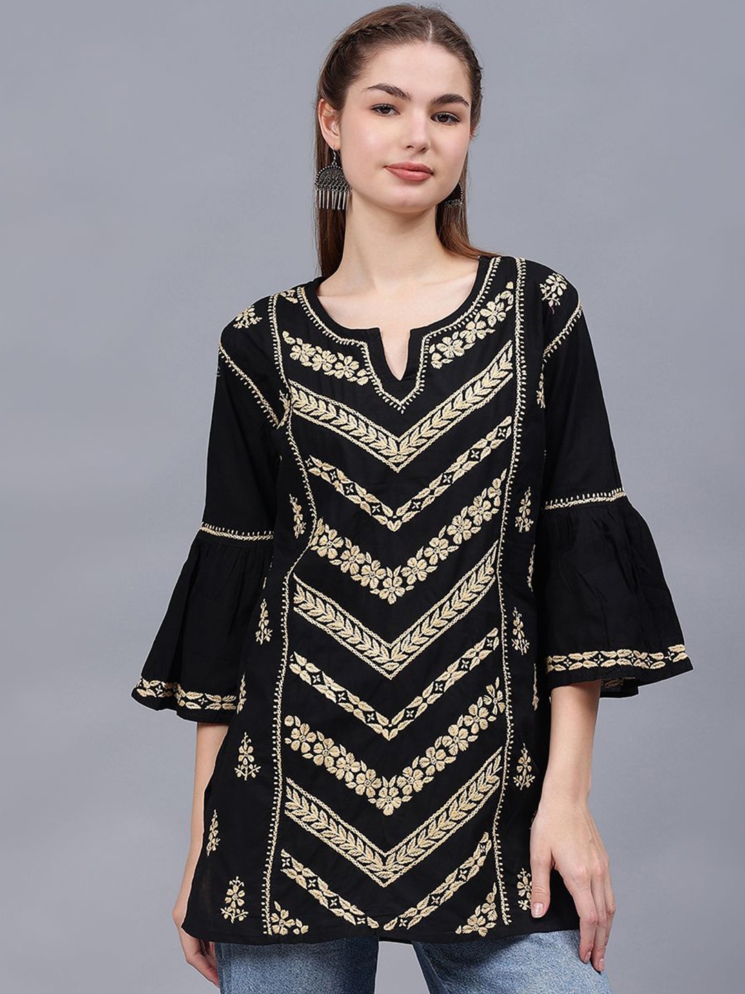 Seva Chikan Ethnic Motifs Embroidered V-Neck Flared Sleeves Chikankari Handloom Chikankari Kurti, Black
Seva Chikan Ethnic Motifs Embroidered V-Neck Flared Sleeves Chikankari Handloom Chikankari Kurti, Black