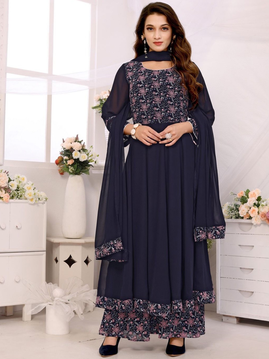 Titanium Silk Industries Floral Printed Round Neck Anarkali Kurta With Sharara & Dupatta, Navy blue
Titanium Silk Industries Floral Printed Round Neck Anarkali Kurta With Sharara & Dupatta, Navy blue