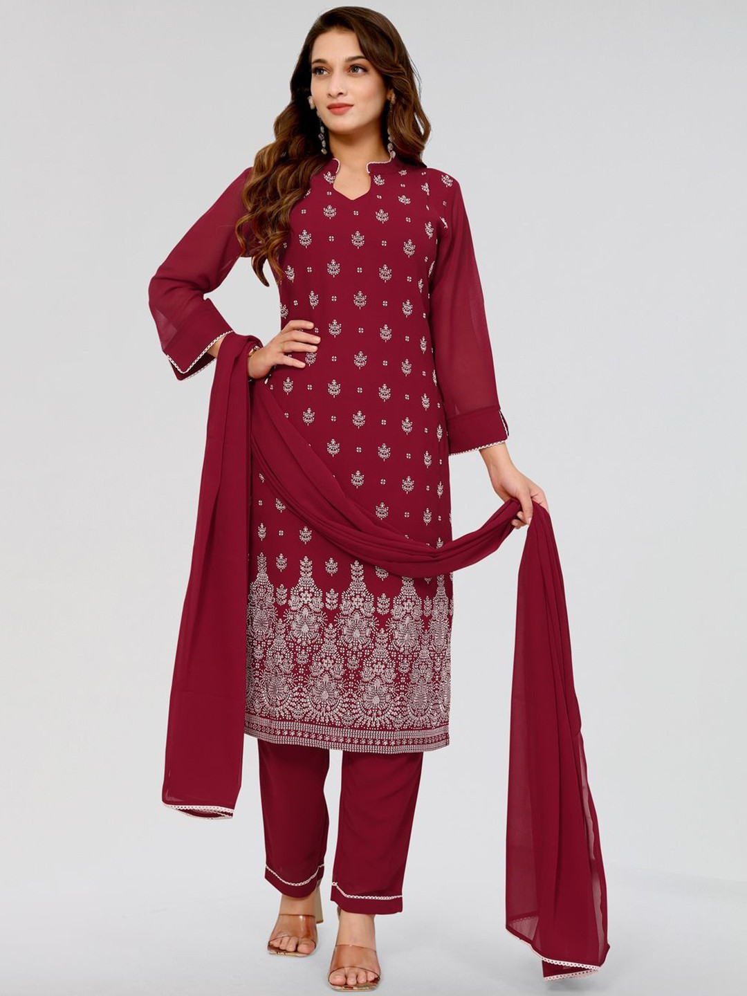 PYARI - A style for every story Ethnic Motifs Georgette Kurta with Trousers & Dupatta, Maroon
PYARI - A style for every story Ethnic Motifs Georgette Kurta with Trousers & Dupatta, Maroon