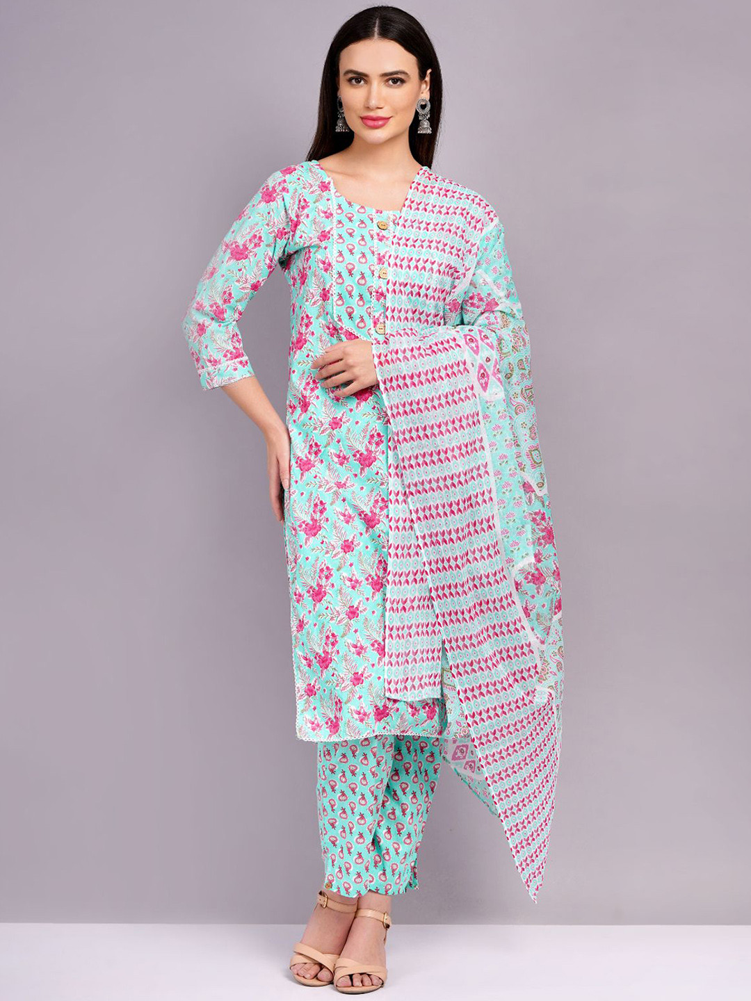 KALINI Floral Printed Regular Pure Cotton Straight Kurta with Trousers & Dupatta, Blue 
KALINI Floral Printed Regular Pure Cotton Straight Kurta with Trousers & Dupatta, Blue