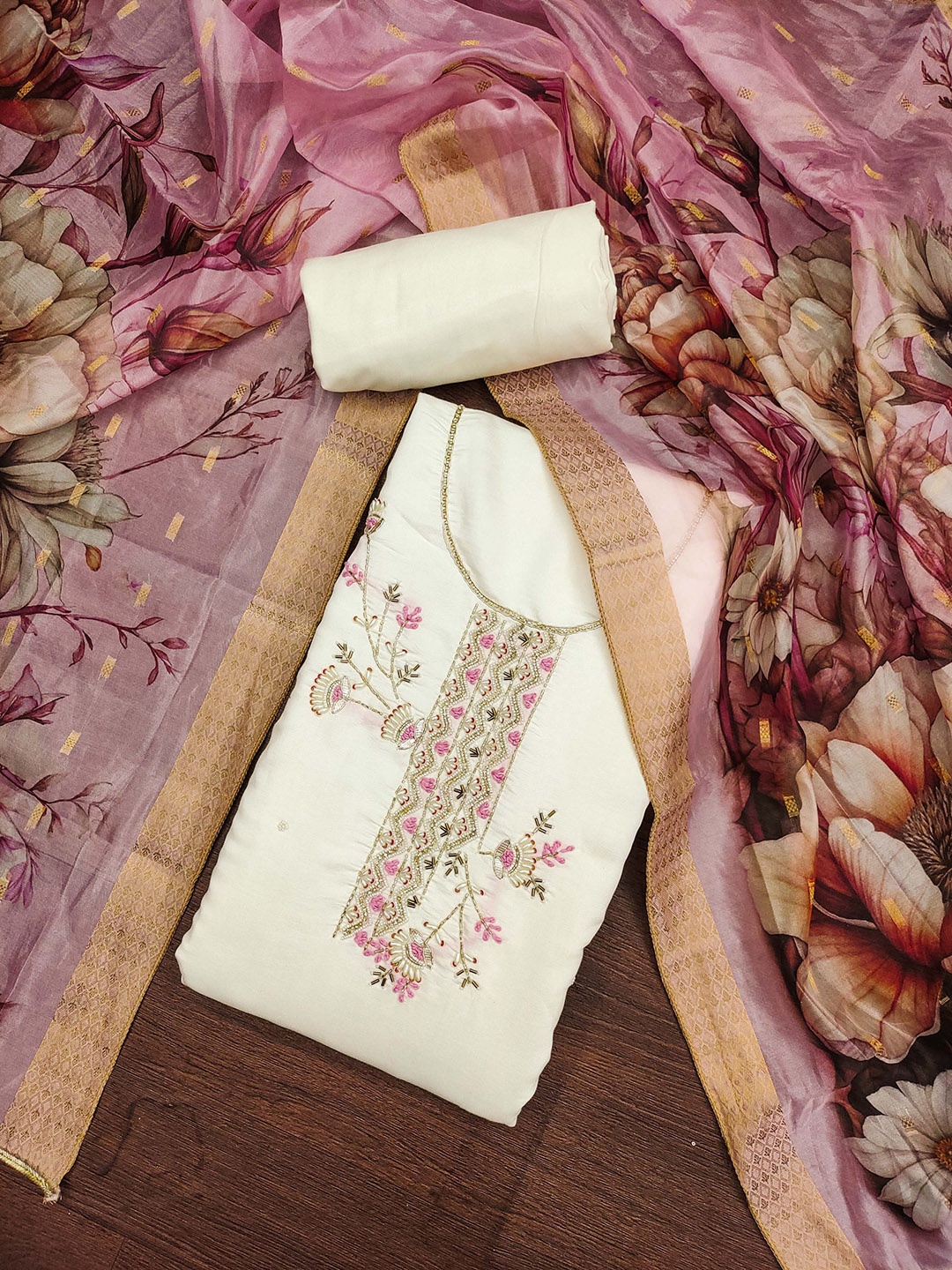 KALINI Floral Embellished Beads and Stones Pure Silk Unstitched Dress Material, White
KALINI Floral Embellished Beads and Stones Pure Silk Unstitched Dress Material, White