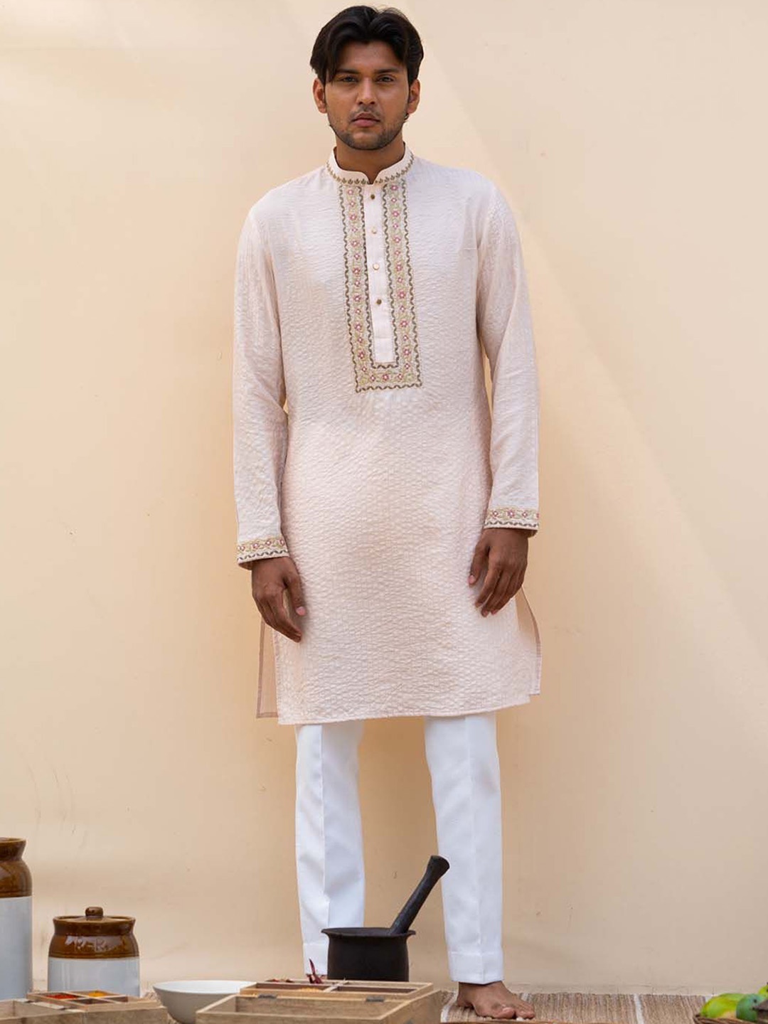 Ayush Jain Striped Embroidered Thread Work Mandarin Collar Cotton Silk Straight Kurta, Pink
Ayush Jain Striped Embroidered Thread Work Mandarin Collar Cotton Silk Straight Kurta, Pink