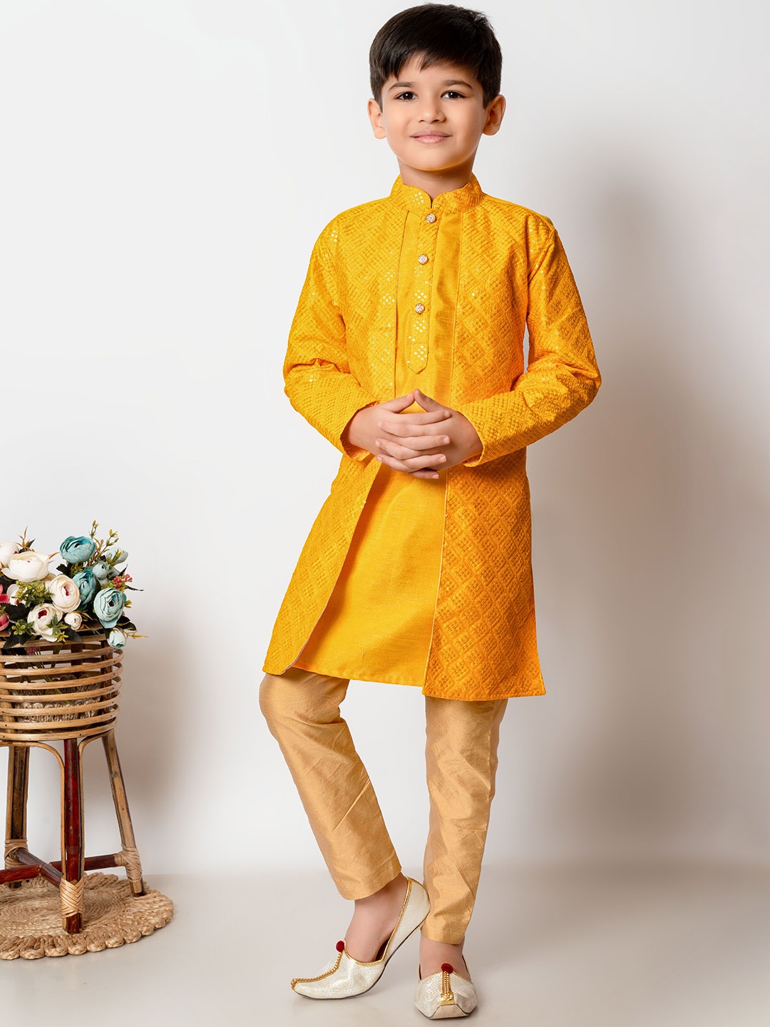 NFC CREATION Boys Embroidered Straight Sequinned Dupion Silk Kurta with Pyjamas, Yellow
NFC CREATION Boys Embroidered Straight Sequinned Dupion Silk Kurta with Pyjamas, Yellow