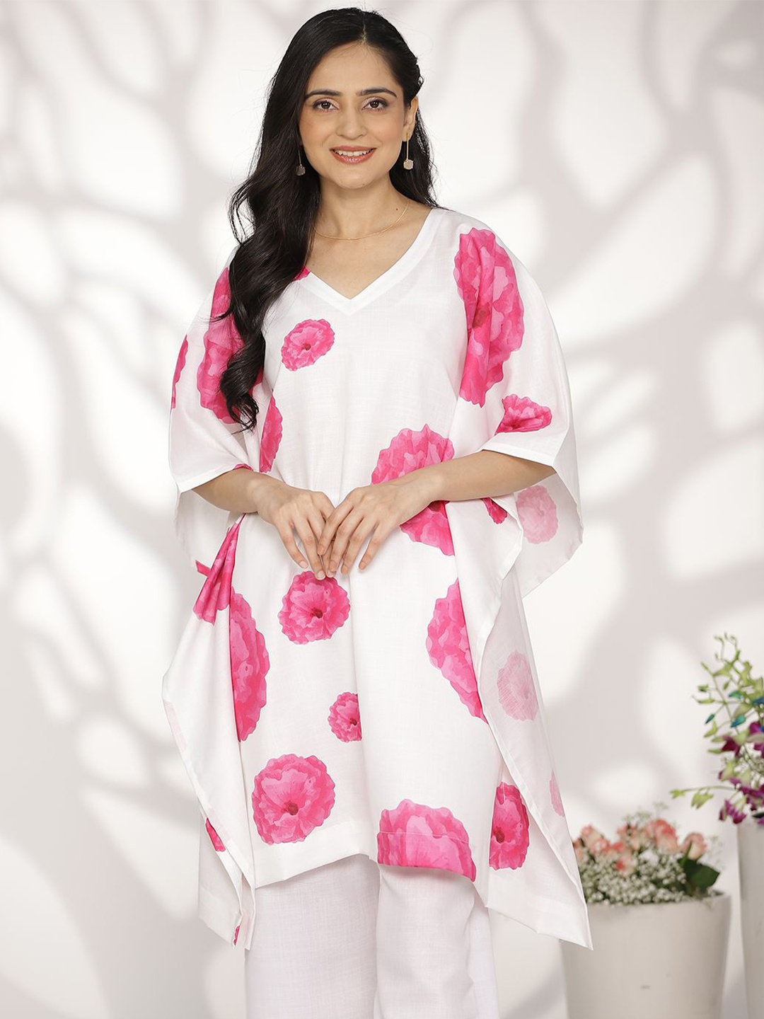 LetsDressUp Floral Printed V-Neck Extended Sleeves Pure Cotton A-Line Kaftan Kurta, White
LetsDressUp Floral Printed V-Neck Extended Sleeves Pure Cotton A-Line Kaftan Kurta, White