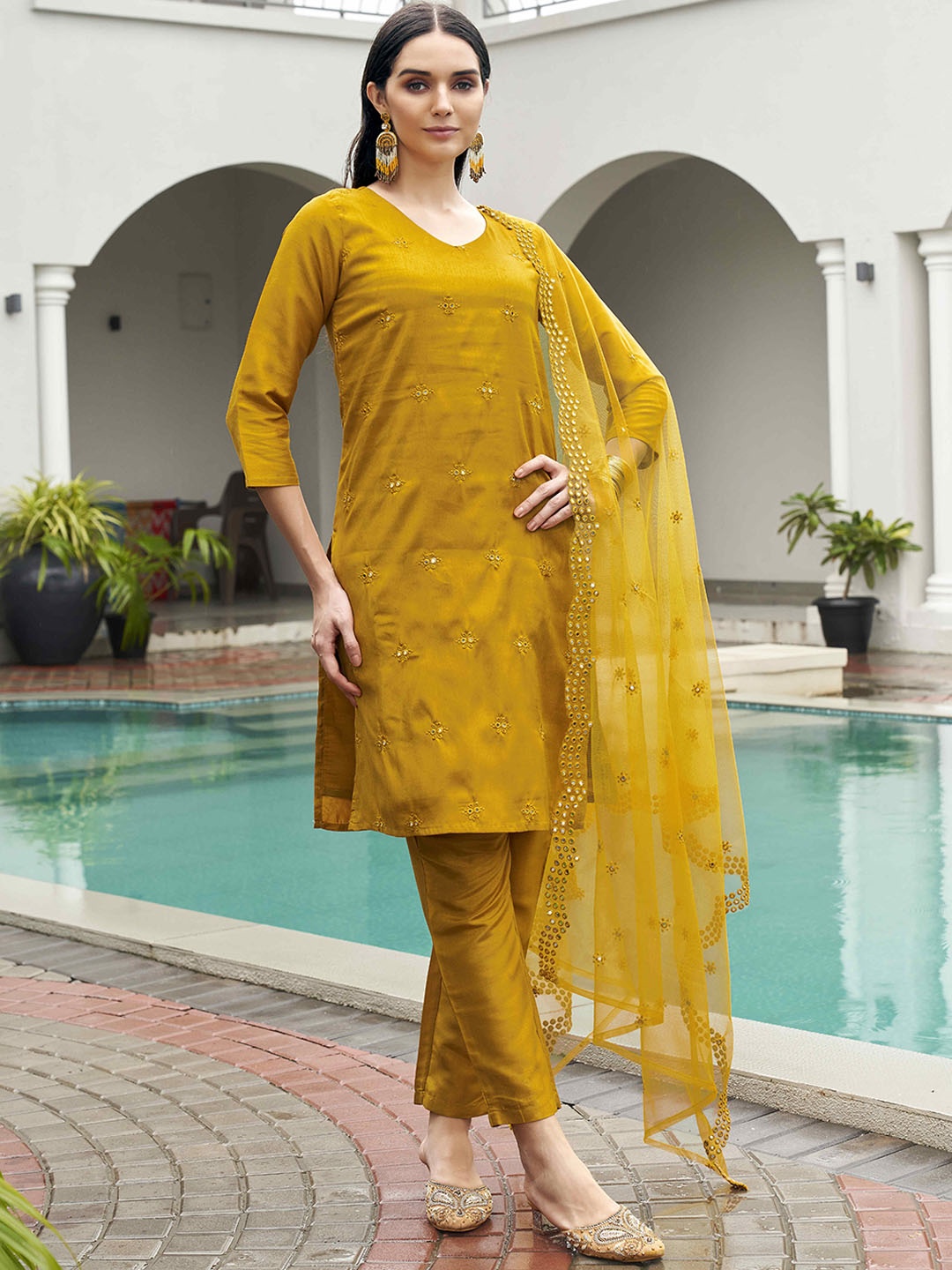 Tikhi Imli Ethnic Motifs Embroidered Thread Work Straight Kurta With Trousers & Dupatta, Mustard
Tikhi Imli Ethnic Motifs Embroidered Thread Work Straight Kurta With Trousers & Dupatta, Mustard