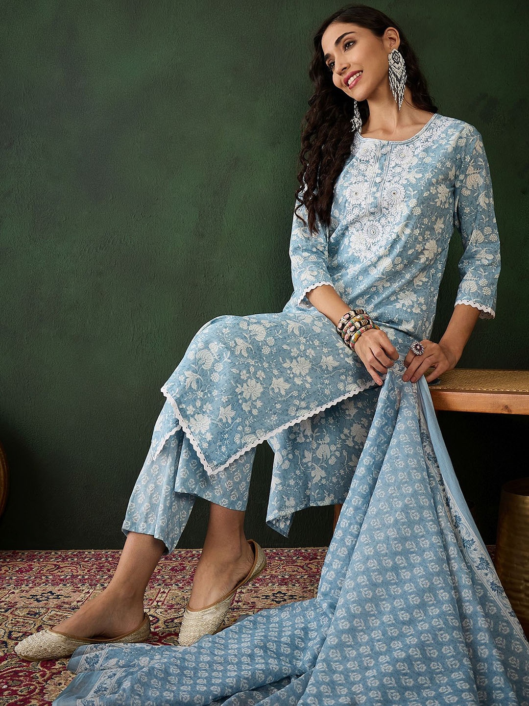 Sangria Floral Printed Thread Work Pure Cotton Straight Kurta & Trouser With Dupatta, Blue
Sangria Floral Printed Thread Work Pure Cotton Straight Kurta & Trouser With Dupatta, Blue