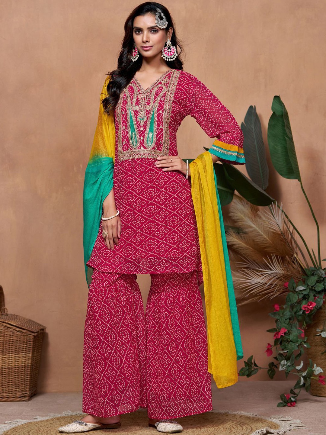 Sangria Bandhani Printed Embroidered Zari A Line Kurti With Sharara & Dupatta, Pink
Sangria Bandhani Printed Embroidered Zari A Line Kurti With Sharara & Dupatta, Pink