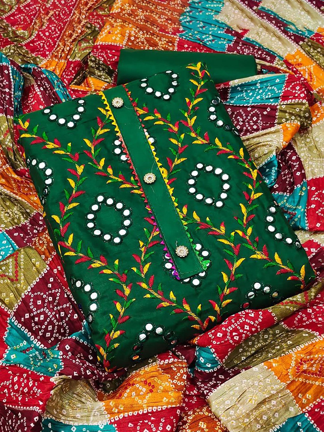 Ishin Floral Embroidered Mirror Work Pure Cotton Unstitched Dress Material, Green
Ishin Floral Embroidered Mirror Work Pure Cotton Unstitched Dress Material, Green