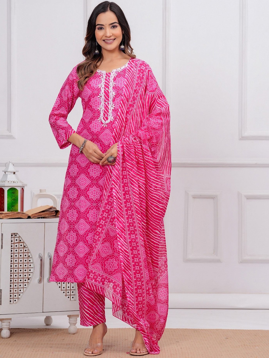 KALINI Floral Printed Straight Mirror Work Pure Cotton Kurta with Trousers & Dupatta, Pink
KALINI Floral Printed Straight Mirror Work Pure Cotton Kurta with Trousers & Dupatta, Pink