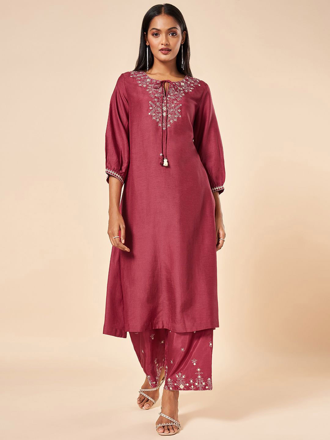 Marigold Lane Geometric Embroidered Mirror Work Straight Kurta With Palazzos, Red
Marigold Lane Geometric Embroidered Mirror Work Straight Kurta With Palazzos, Red