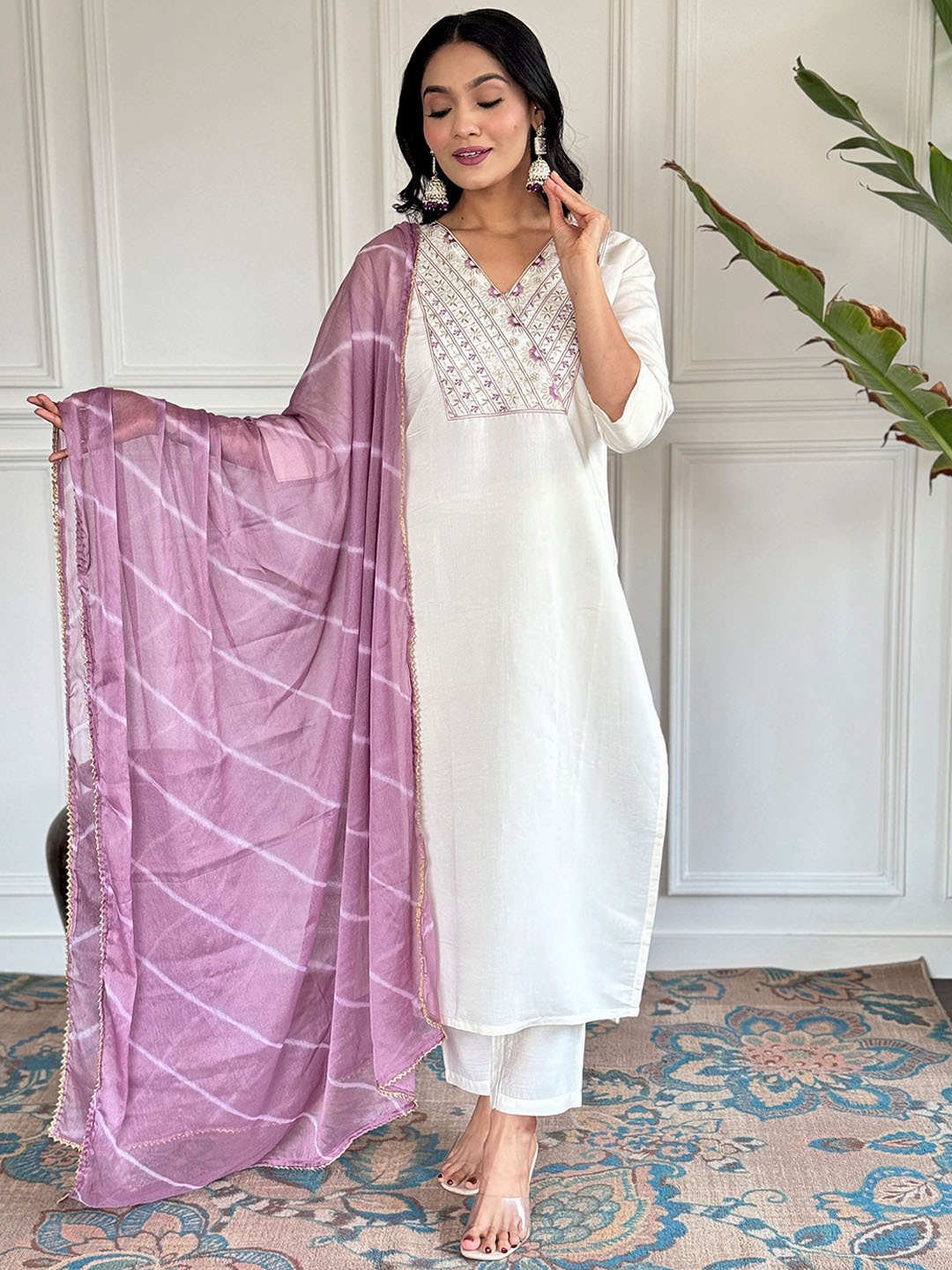KALINI Floral Embroidered V-Neck Gotta Patti Straight Kurta With Trousers &Dupatta, Cream
KALINI Floral Embroidered V-Neck Gotta Patti Straight Kurta With Trousers &Dupatta, Cream