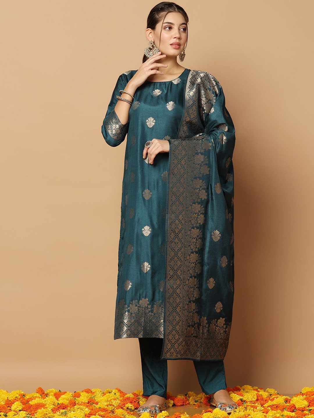 BAESD Floral Woven Design Regular Zari Jacquard Straight Kurta with Trousers & Dupatta, Teal
BAESD Floral Woven Design Regular Zari Jacquard Straight Kurta with Trousers & Dupatta, Teal