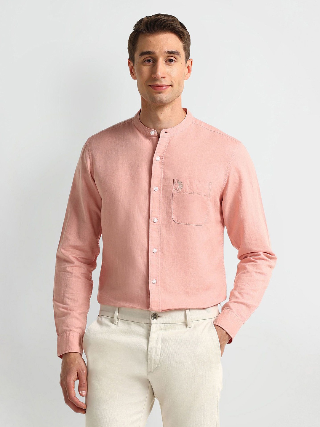 U.S. Polo Assn. Men Modern Band Collar Solid Linen Blend Slim Fit Casual Shirt, Pink
U.S. Polo Assn. Men Modern Band Collar Solid Linen Blend Slim Fit Casual Shirt, Pink