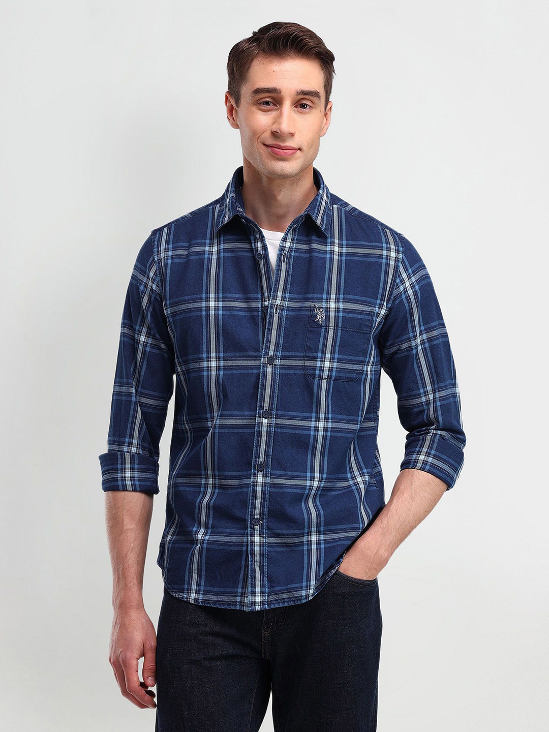 U.S. Polo Assn. Men Modern Spread Collar Tartan Checked Cotton Slim Fit Casual Shirt, Blue
U.S. Polo Assn. Men Modern Spread Collar Tartan Checked Cotton Slim Fit Casual Shirt, Blue