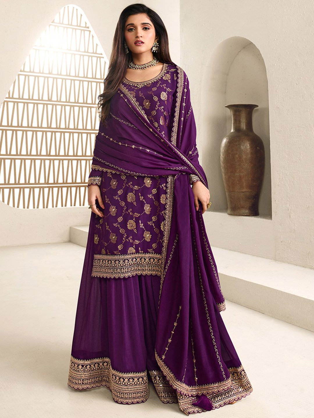 Seerat Floral Woven Design Regular Sequinned Silk Chiffon Kurta with Sharara & Dupatta, Purple
Seerat Floral Woven Design Regular Sequinned Silk Chiffon Kurta with Sharara & Dupatta, Purple