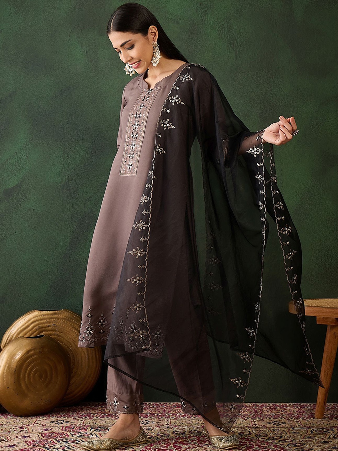 Sangria Embroidered Mirror Work Pure Cotton Straight Kurta With Trouser & Dupatta, Grey
Sangria Embroidered Mirror Work Pure Cotton Straight Kurta With Trouser & Dupatta, Grey