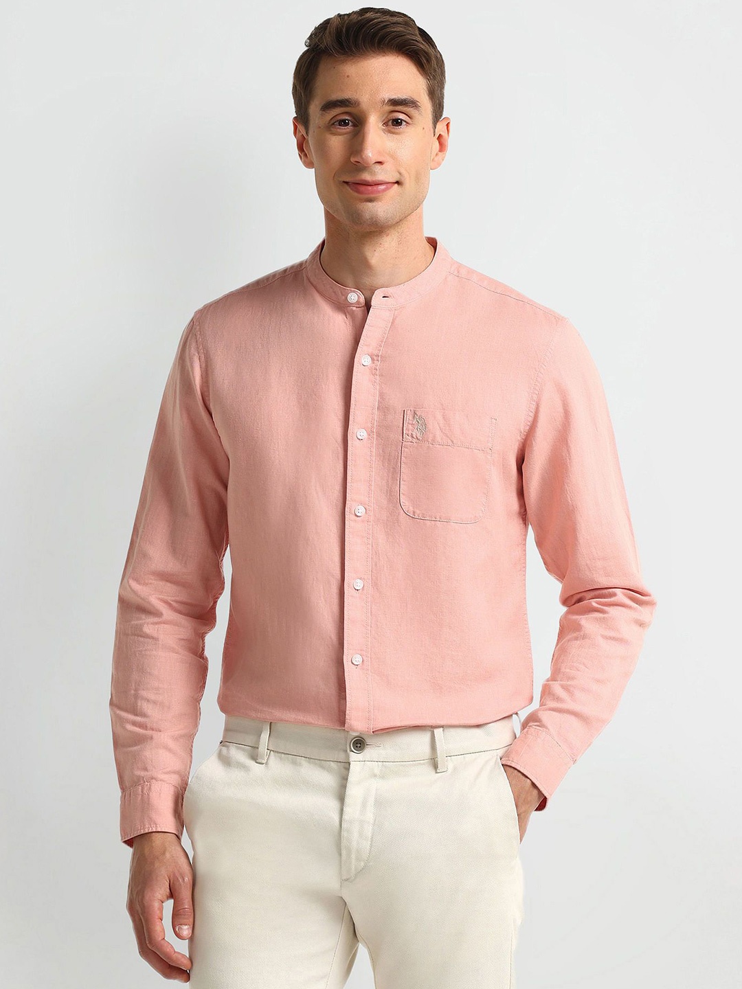 U.S. Polo Assn. Men Modern Band Collar Solid Linen Blend Slim Fit Casual Shirt, Pink
U.S. Polo Assn. Men Modern Band Collar Solid Linen Blend Slim Fit Casual Shirt, Pink