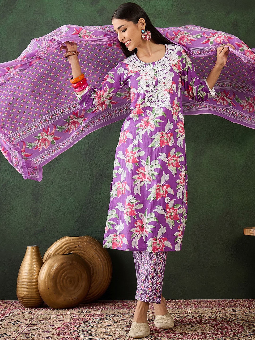 Sangria Floral Printed Thread Work Pure Cotton Kurta With Trousers & Dupatta, Purple
Sangria Floral Printed Thread Work Pure Cotton Kurta With Trousers & Dupatta, Purple